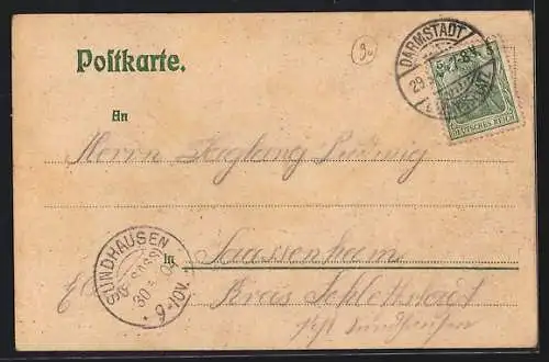 Lithographie Darmstadt, Übungsplatz mit Zeltlager, Sicherheits-Stand, Preuss. Stabgebäude