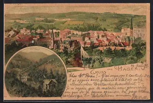 Lithographie Hagen i. W., Panorama und Waldlust