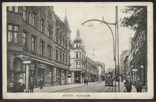 AK Witten, Ruhrstrasse mit Fotoatelier Carl Schrick und Strassenbahn