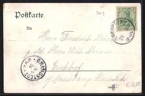 Lithographie Gehrden, Gasthaus Burgberg mit Besuchern