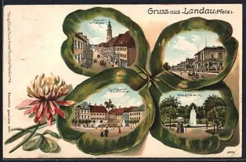 Passepartout-Lithographie Landau / Pfalz, Markt & Strasse, Westpark im Kleeblatt