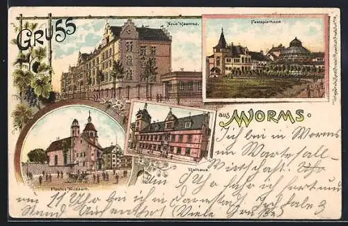 Lithographie Worms, Neue Kaserne und Festspielhaus