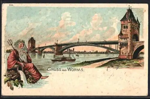 Lithographie Worms, Uferpartie mit Brücke, Neptun