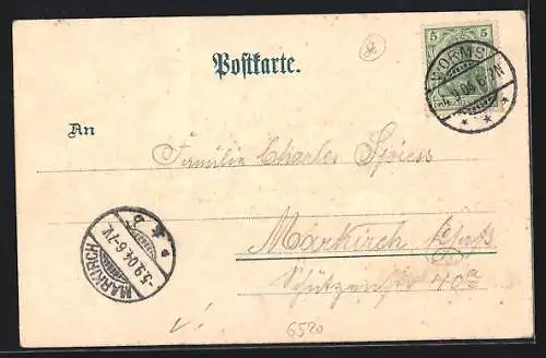 Lithographie Worms, Uferpartie mit Brücke, Neptun