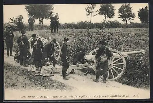 AK Guerre de 1914, Mise en Batterie d`une pièce de notre fameuse Artillerie de 75