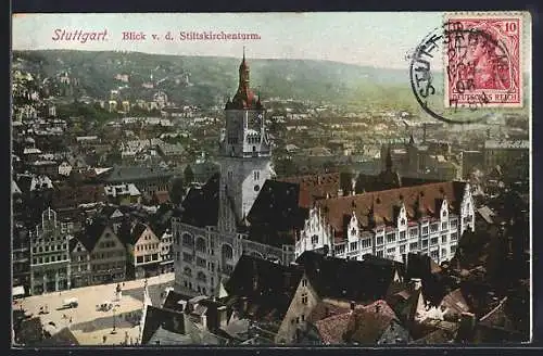 AK Stuttgart, Ortsansicht von Stiftskirchenturm