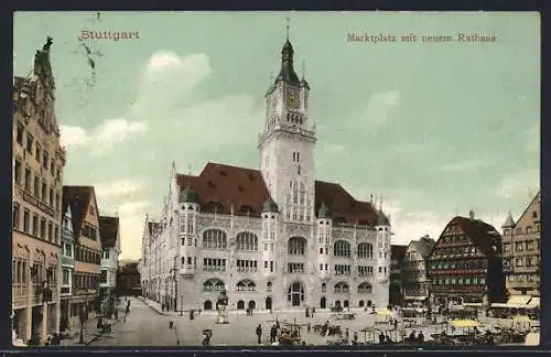 AK Stuttgart, Marktplatz mit neuem Rathaus