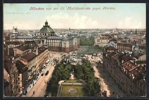 AK München, Sonnenstrasse von der St. Matthäuskirche aus, Strassenbahn