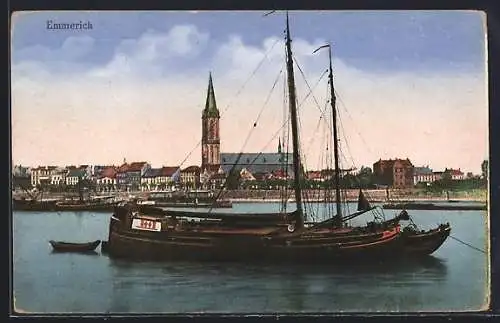 AK Emmerich, Ortsansicht mit Segelboot im Vordergrund