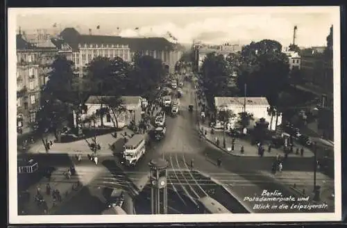 AK Berlin, Potsdamer Platz mit Strassenbahnen, Blick in die Leipzigerstr.