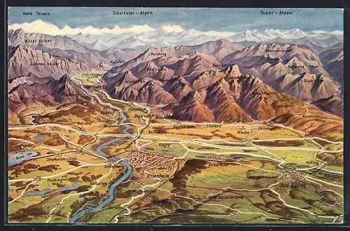 AK Bad Aibling, Landkarte mit Alpen, Rosenheim, Kolbermoor und Schlossberg