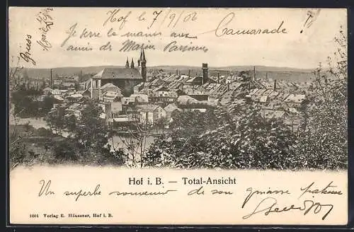 AK Hof i. B., Ortsansicht mit Flusspartie