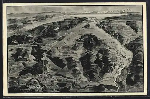 Künstler-AK Singen-Hohentwiel, Schematische Ansicht mit Untersee-Rhein-Schienerberg und Höri
