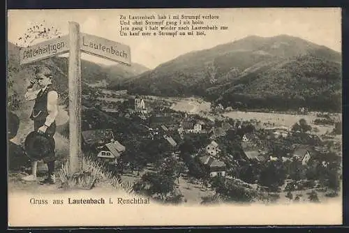 AK Lautenbach /Renchtal, Totalansicht, Wegweiser mit weinendem Knaben