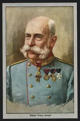 AK Kaiser Franz Josef I. von Österreich, Portrait in Uniform mit Orden behangen