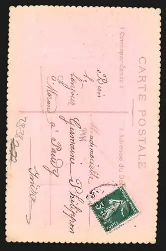 Foto-Collage-AK Junge Frau mit Riesen-Telegramm, Präge-Ornamente