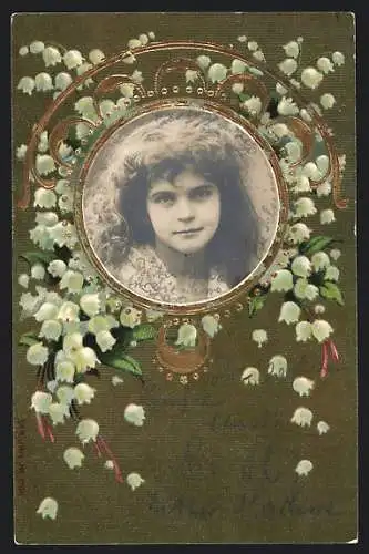 Foto-Collage-AK Mädchen-Portrait im Goldrahmen mit Maiglöckchen