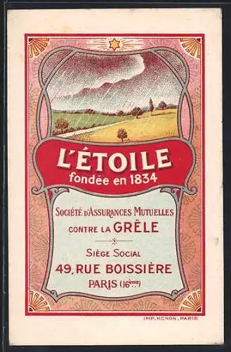 AK L`Étoile, Societé d`Assurances Mutuelles contre la Grele, Paris, Landschaft im Wolkenbruch