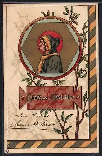 AK Münchner Kindl und Lorbeerbaum