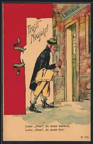 Lithographie Mann bringt seine letzte Hose ins Leihhaus, Neujahrsgruss