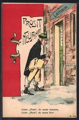 Lithographie Letzte Hose, du musst wandern, Mann vor einem Leihhaus, Neujahrsgruss