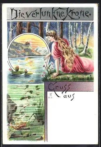 Lithographie Junge Prinzessin sucht ihre Krone im Wasser, Sage