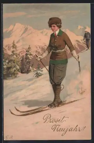 AK Junge Dame in Skihose auf Skiern an einem Abhang, Neujahrsgruss
