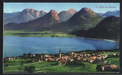 AK St. Gilgen am Abersee, Ortsansicht mit See und Bergen