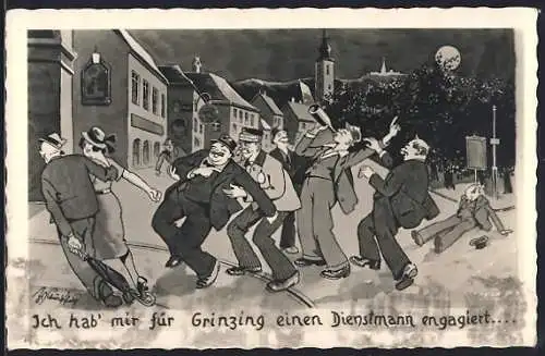 Künstler-AK Grinzing, Betrunkene Männer am Abend aufn der Strasse