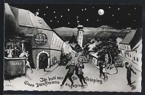 Künstler-AK Grinzing, Gaststätte, Betrunkene taumeln und tanzen auf der Strasse