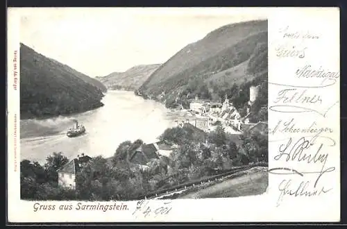 AK Sarmingstein, Ortsansicht und Flusspartie mit Dampfer aus der Vogelschau