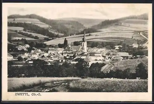 AK Zwettl /Ob.-Ö., Ortsansicht mit Kirche aus der Vogelschau