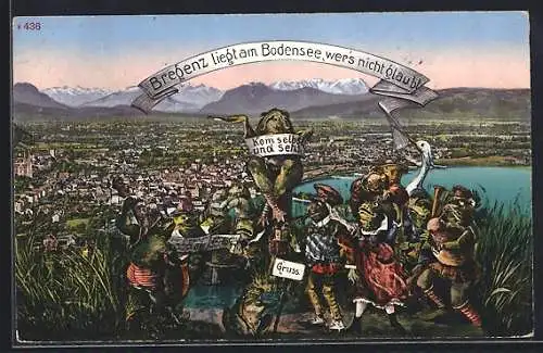 AK Bregenz /Bodensee, Panorama mit Fröschen und Gedicht