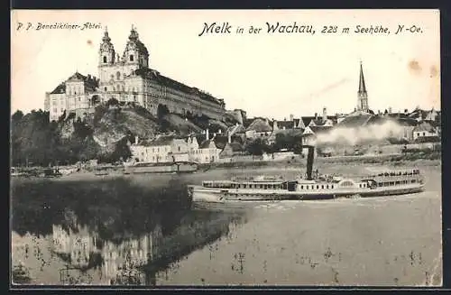 AK Melk, Blick von der Donau auf den Benediktiner Stift, Dampfschiff Habsburg