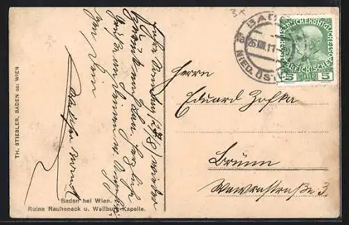 AK Baden, Ruine Rauheneck und Weilburg-Kapelle