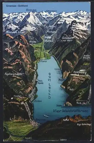 AK Brunnen, Panorama-Landkarte von Urnersee und Gotthard