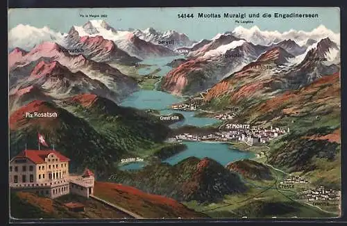 AK St. Moritz, Totalansicht vom Berghaus Piz Rosatsch aus, Muottas Muraigl und die Engadinerseen