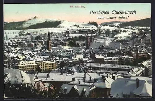 AK St. Gallen, Ortsansicht im Winter, Neujahrskarte
