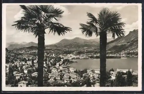 AK Lugano, Panoramablick zwischen zwei Palmen hindurch