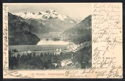 AK St. Moritz-Unteralpina, Totalansicht gegen die Berge