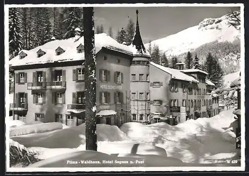 AK Flims, Waldhaus, Hotel Segnes und Post in winterlicher Landschaft