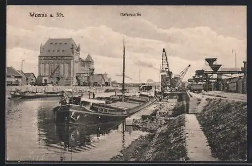 AK Worms, Hafenpartie m. Dampfer & Kran
