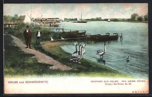 AK Berlin-Schmöckwitz, Gasthof zur Palme v. H. Peter, Schwäne, Segelboote