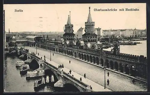 AK Berlin-Friedrichshain, Oberbaumbrücke mit Hochbahn