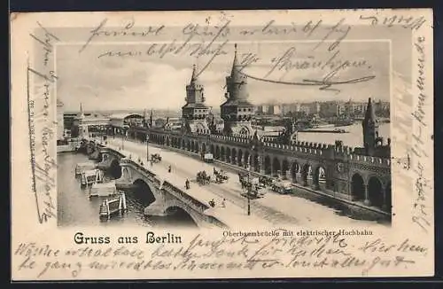 AK Berlin-Friedrichshain, Oberbaumbrücke mit elektrischer Hochbahn