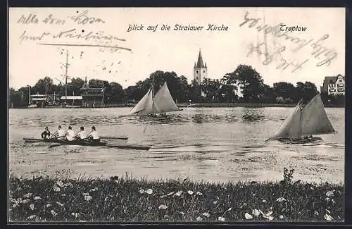 AK Berlin-Friedrichshain-Stralau, Blick auf die Stralauer Kirche, Schifffahrt auf der Spree
