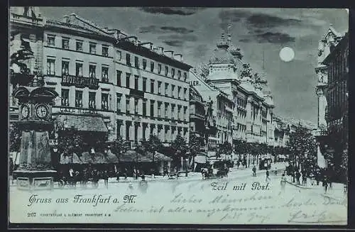 Mondschein-AK Frankfurt /Main, Zeil mit Post und Strassenbahn