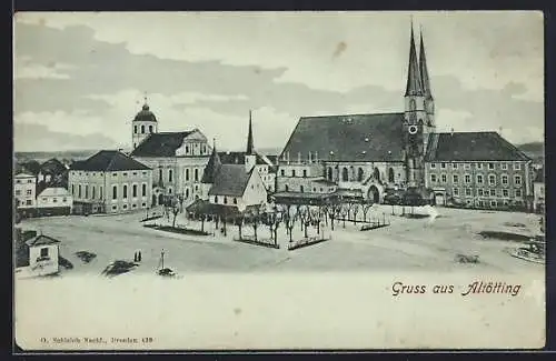 Mondschein-AK Altötting, Marktplatz mit Kirche