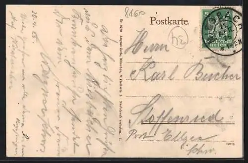 AK Miesbach, Unterer Markt mit Gebäuden und Kirchturm