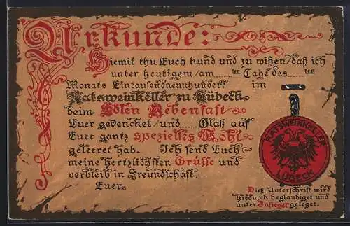 AK Lübeck, Urkunde vom Gasthaus Ratskeller zu Lübeck